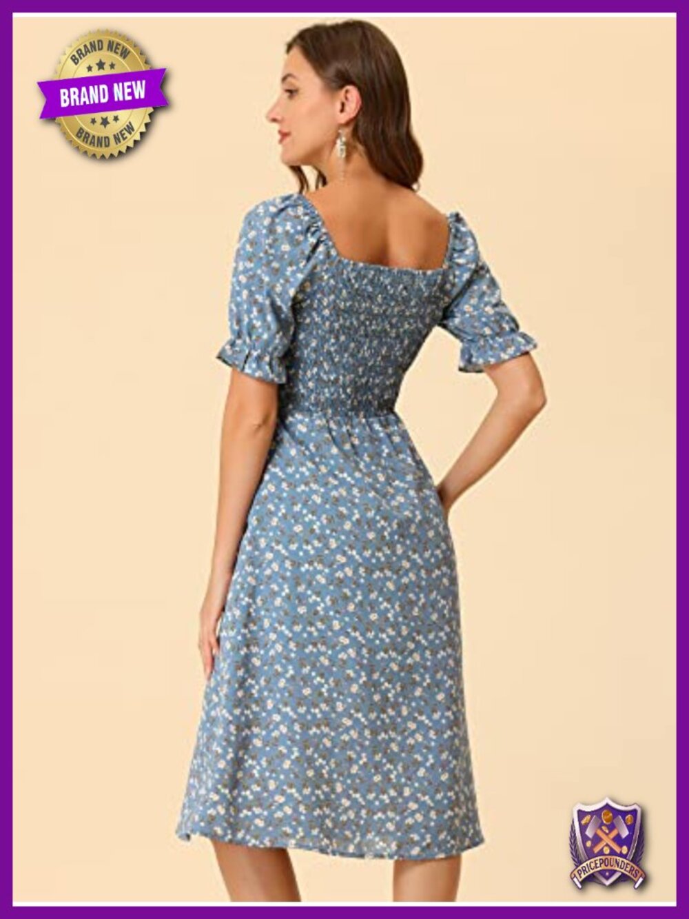 Cottagecore Floral Smocked Midi Dress Puff Sleeve Cottagecore - Picture 3 of 4
